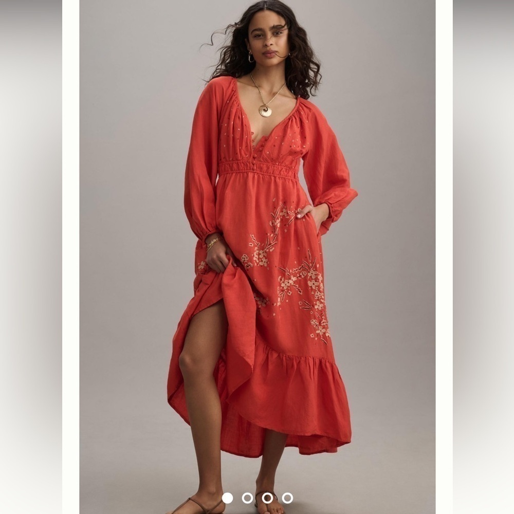 Anthropologie Embroidered V-Neck Maxi Dress Color: Red Small NWT